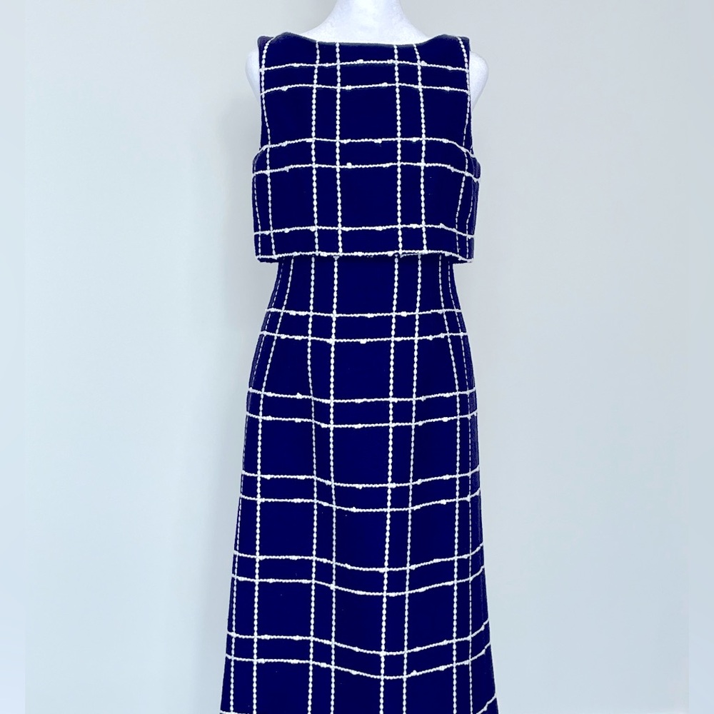 Oscar de la Renta Plaid Printed Navy Blue Dress
